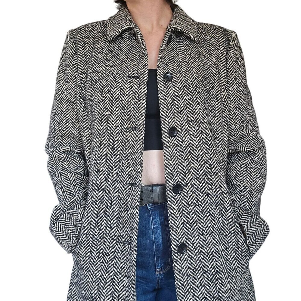 Vintage Ann Taylor Black White Herringbone Tweed Wool Blend Coat Women's Size 14 - Picture 2 of 7